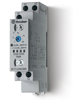 Модульный таймер мультифункциональный (AI, DI, SW, BE, CE, DE); питание 24…240В АС/DC; выход - твердотельное реле 1NO 1A; ширина 17.5мм; регулировка времени 0.1с…24ч; степень защиты IP20