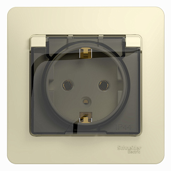 GLOSSA РОЗЕТКА с заземлением со шторками с крышкой, 16А, IP20, в сборе, БЕЖЕВЫЙ