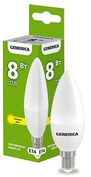 Лампа LED C35 свеча 8Вт 230В 3000К E14 GENERICA