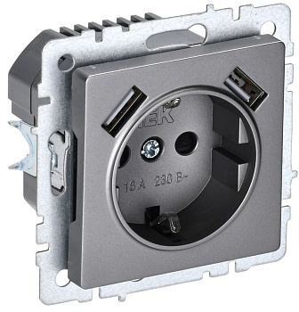 BRITE Роз. с з/к/ш 16А с USB A+A 2,1А РЮш10-1-БрС сталь IEK