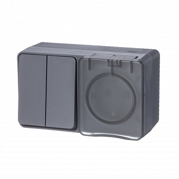 AtlasDesign PROFI IP54 О/У БЛОК: РОЗ. з/к со шт. 16А, ВЫКЛ.2-клав.10А, АНТРАЦИТ