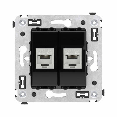 Компьютерная розетка RJ-45 без шторки в стену, кат.6А двойная экранированная, "Avanti", "Черный квадрат"