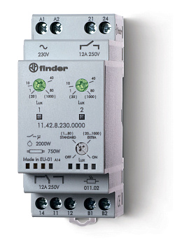Фотореле модульное с фотоэлементом 011.02; монтаж на рейку 35мм; 1CO+1NO 12A (2 канала); питание 230В АC; настройка чувствит. 1…80люкс, 20…1000люкс; ширина 35мм; степень защиты: фотореле IP20, фотоэлемент IP54