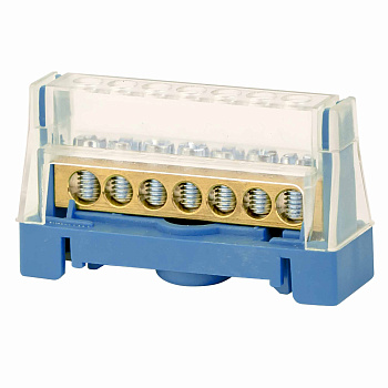 Шина латунная в корпусе на DIN рейку 1 полюс до 63A 5конт. под сеч. 16кв.мм, 2конт. под сеч. 25кв.мм, синяя