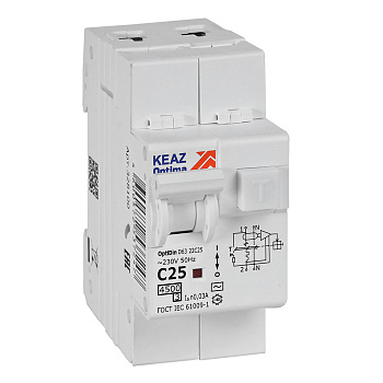 АВДТ с защитой от сверхтоков OptiDin D63-22C25-AC-У3 (2P, C25, 30mA, 4,5кА) АВДТ с защитой от сверхтоков OptiDin D63-22C25-AC-У3 (2P, C25, 30mA, 4,5кА)